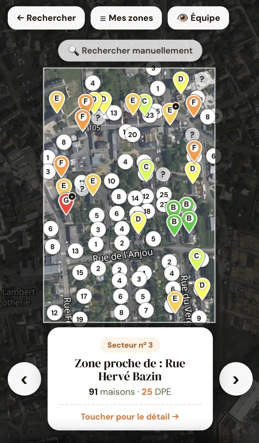 Porteo — zones quadrillées et pins DPE sur la carte
