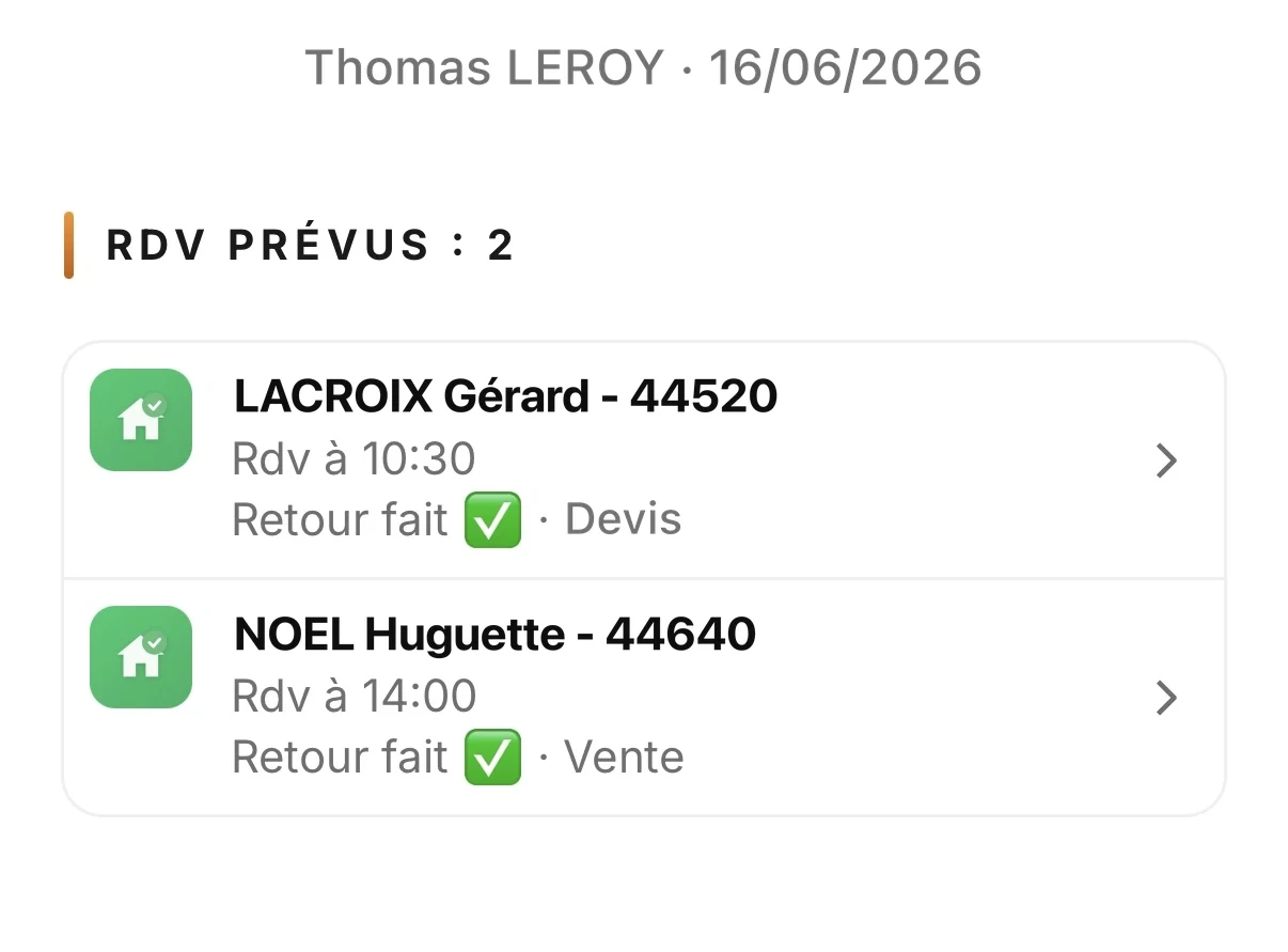 Porteo — compte-rendu des RDV prévus (retour, devis, vente)